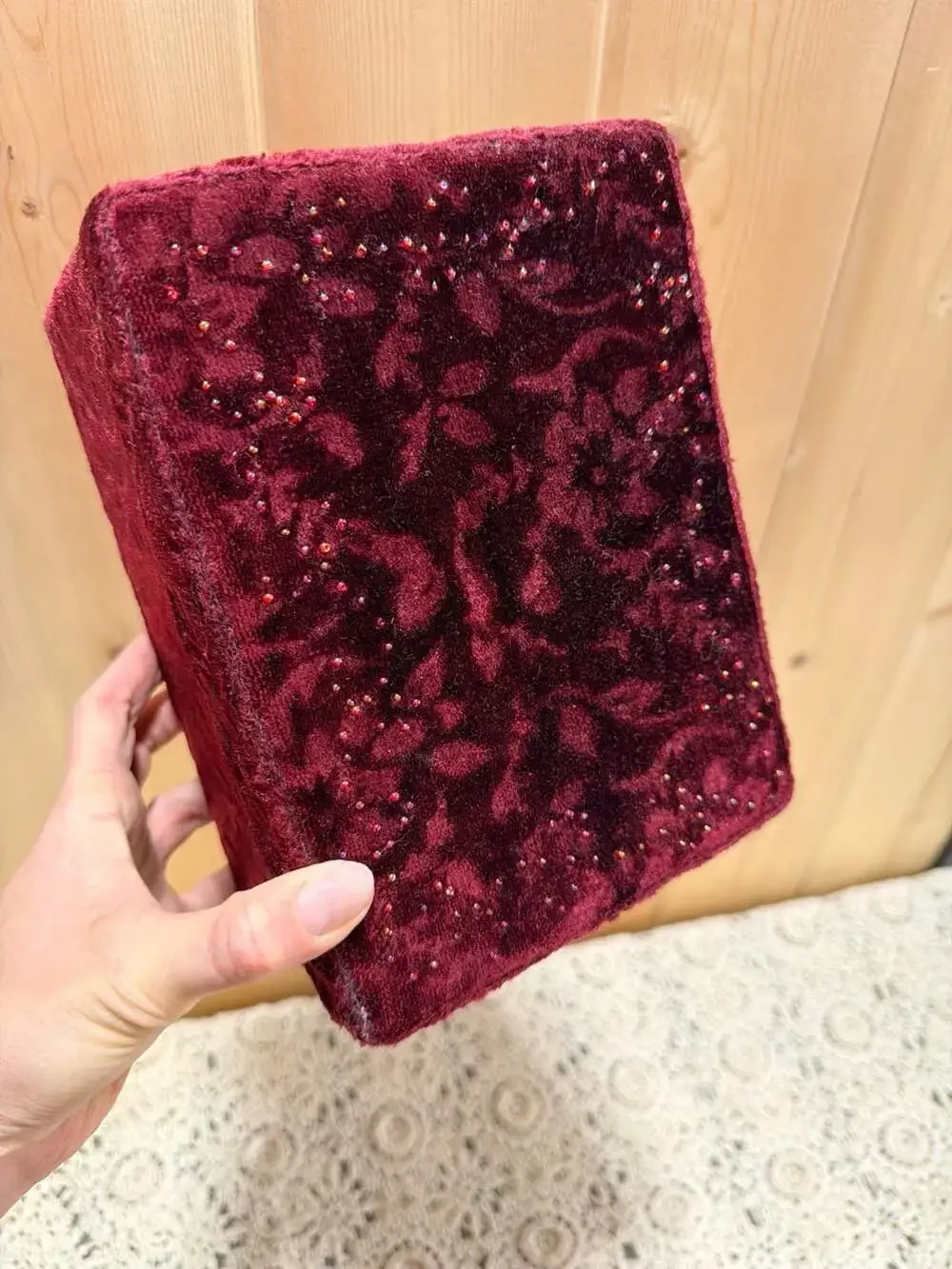 Vintage Burgundy Velvet Jewelry Keepsake Trinket Box Beaded Floral Accent